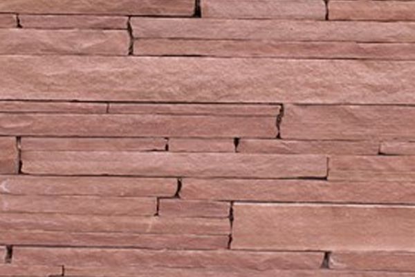 Lyons Red sandstone strip stone — natural cleft horizontal coursing in warm red and rose tones
