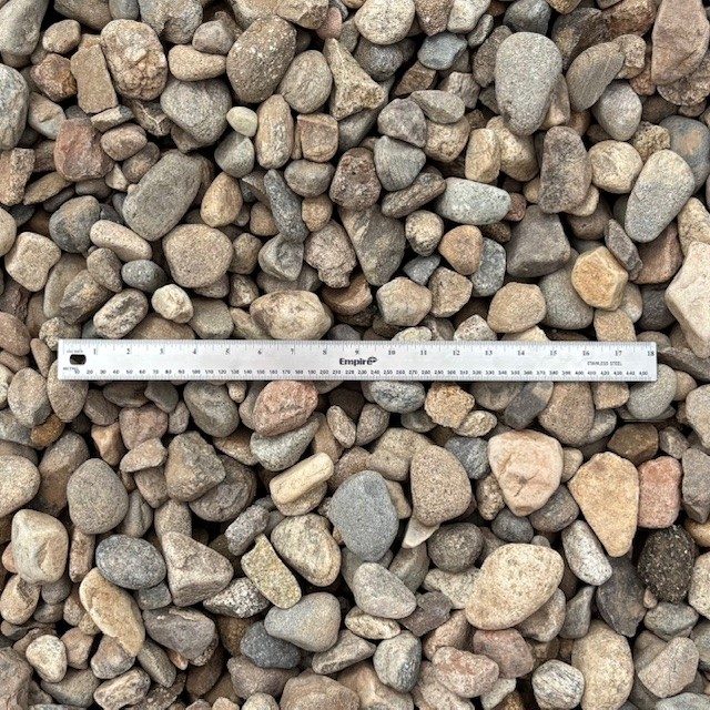 Colorado Sunset cobble — rounded tan and grey river cobble, 1.5 inch